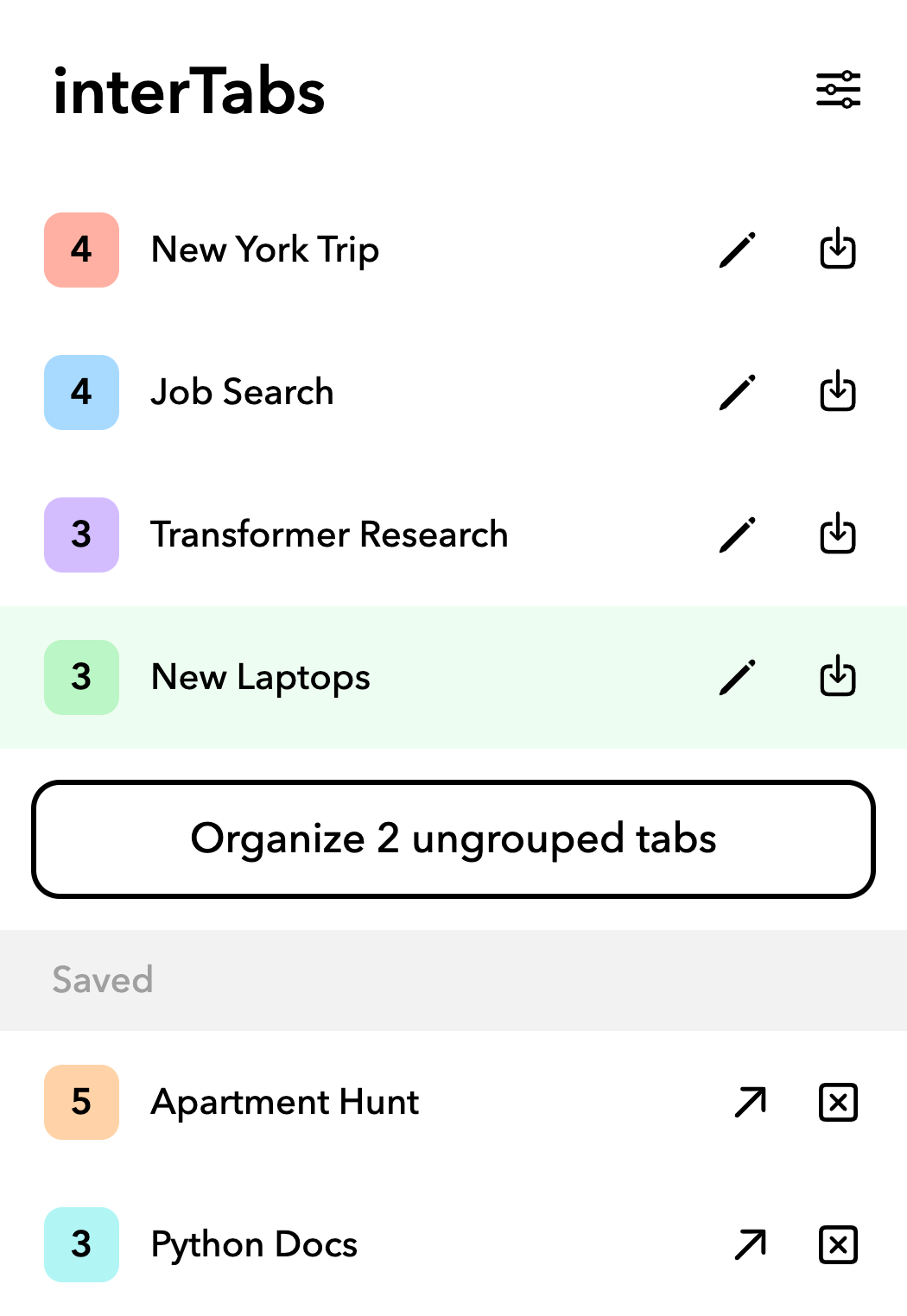 Saved groups listed under the open ones