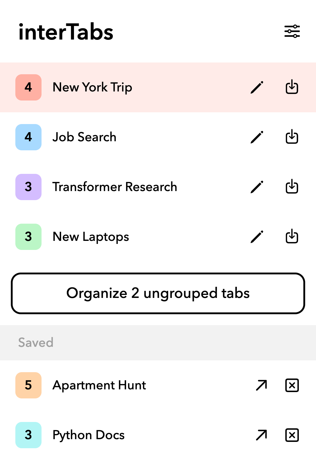 The interTabs popup listing tab groups and saved groups